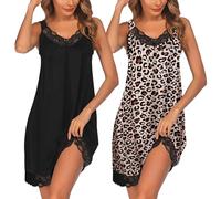Ekouaer Camicia da Notte sopra Il Ginocchio Estiva Pigiama Vestaglie Bellissimo Sottoveste 2pcs Nero+Leopardo XL