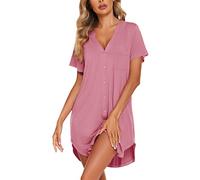 Ekouaer Camicia da Notteestivo a Maniche Corte da Donna Bottoni Estiva Scollo a V Comodo Ampio Casual da Donna, Rosa, L