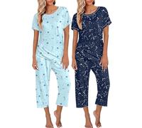 Ekouaer Donna Pigiama Set Corto Estivo Pigiami Manica Corta Top 3/4 Pantaloni Pigiama Girocollo 2 Pezzi, Azzurro + Cosmo, M