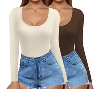 Ekouaer Maglietta Termica da Donna T-Shirt Girocollo a Maniche Lunghe 2pcs, Beige+Marrone, L