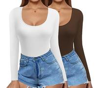 Ekouaer Maglietta Termica da Donna T-Shirt Girocollo a Maniche Lunghe 2pcs, Bianco+Marrone, L