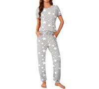Ekouaer Pigiama da Donna a Maniche Corte e Pantaloni Lunghi con Stampa Carina 2 Pezzi con Tasche, Stelle Grigie, S