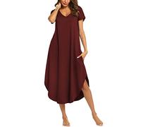 Ekouaer Pigiama da NOTT Camicia da Notte da Donna Manica Corta T-Shirt Abito da Notte Estivo Abito Lungo con Scollo a V Abito Casual Taglie Grandi con Tasche, Rosso Vino, L