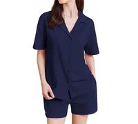 Ekouaer Pigiama Donna Cotone Pigiami Bottoni Estivo Corto Pigiama Due Pezzi Maniche Corte, Blu Scuro M