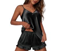 Ekouaer Pigiama Donna Estivo Corto Pigiama Set Corta Scollo a V e Maniche Corte 2 Pezzi Casual da Casa Morbido e Confortevole Pigiami Donna,Nero,L