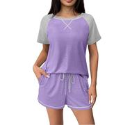 Ekouaer Pigiama Donna Estivo Leggero Pigiami Corto Stitch Pigiama Due Pezzi Maniche Corte, Viola M