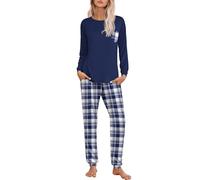Ekouaer Pigiama Donna Pigiama a Quadri Donna Lungo Pigiama da Donna Cotone Leggero con Girocollo Pigiama 2 Pezzi Donna con Tasca Sciolto Accogliente, S