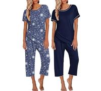 Ekouaer Pigiama Set Donna Corto Camicia da Notte Maniche Corte Top con Girocollo 3/4 Pantaloni, Stella + Marina, S