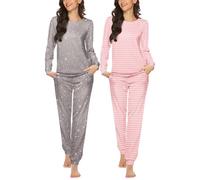 Ekouaer Pigiami Due Pezzi da Donna Manica Lunga Girocollo Righe Stelle Set con Tasche, Stelle+Strisce, L