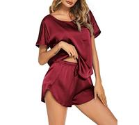 Ekouaer Pigiami Estivi Donna Pigiama Corto Seta Donna Set Maniche Corte e Pantaloncini, Rosso, S