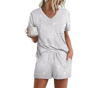 Ekouaer - Set di pigiama da donna a maniche lunghe con stampa a stelle, in cotone, biancheria da notte morbida, set da salotto con tasche, M