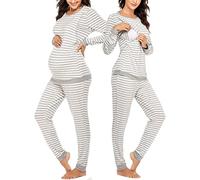 Ekouaer Set Intimo Termico per maternità e Allattamento a Righe Lungo in Maglia a Righe Set Top Bottom Base Layer per Donne Incinte, Una Striscia Grigio Chiaro, XL