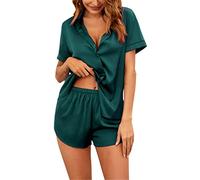 Ekouaer Set Pigiama da Donna, in Simil Seta/Raso, a Maniche Corte o Lunghe, con Bottoni, a Tinta Unita, Adatto per Tutto l’Anno Verde Scuro S