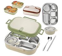 EKsma Lunch box in acciaio inossidabile adatto al microonde, contenitore termico, contenitori for il pranzo con coperchi, scomparti, ciotola for zuppa, cucchiaio, forchetta e borsa.(Green,Five grids)