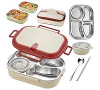 EKsma Lunch box in acciaio inossidabile adatto al microonde, contenitore termico, contenitori for il pranzo con coperchi, scomparti, ciotola for zuppa, cucchiaio, forchetta e borsa.(Red,Four grids)