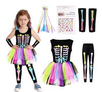 Ekukeon Costume da scheletro colorato per bambini, costume da scheletro neon per bambini, vestito da scheletro per bambine, per cosplay di carnevale di Halloween (S)