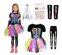 Ekukeon Costume da scheletro colorato per bambini, costume da scheletro neon per bambini, vestito da scheletro per bambine, per cosplay di carnevale di Halloween (M)