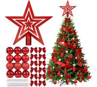Ekukeon Set di decorazioni per albero di Natale, rosso, classico, con stella, fiocchi e palline in plastica, 24 pezzi, pronto per l'uso