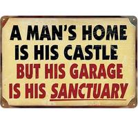 El hogar de un hombre es su castillo, pero su garaje es su santuario. Letrero de metal para bar, cafetería, garaje, decoración de pared, estilo retro vintage, 20 x 30 cm.
