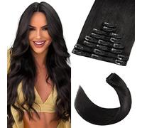 Elailite 25cm Extension Capelli Veri Clip Meches 100% Remy Human Hair 8 Fasce Lisci Lunghi Umani Naturali Donna Bellezza, 50g #01 Jet Nero
