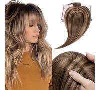 Elailite Extension per capelli da donna con bang 100% capelli umani Remy, 7 x 13 cm, clip di base per infoltire i capelli, #4P27, medio marrone/biondo scuro, 40 cm