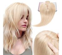 Elailite Extension per capelli da donna con bang 100% capelli veri Remy, 7 x 13 cm, clip di base per infoltire i capelli, #18P613, biondo cenere/biondo sbiancato, 35 cm