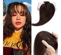 Elailite Extension per capelli da donna con bang 100% capelli veri Remy, 7 x 13 cm, clip di base per infoltire i capelli, #02, marrone scuro, 35 cm