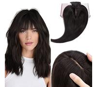 Elailite Extension per capelli da donna con bang 100% capelli veri Remy, 7 x 13 cm, clip di base per infoltire i capelli, #1B, nero naturale, 45 cm