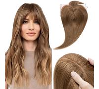 Elailite Extension per capelli da donna con bang 100% capelli veri Remy, 7 x 13 cm, clip di base per infoltire i capelli, #06, marrone chiaro, 35 cm