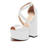 elashe- Donna con Tacco e Plateau -6" Peep Toe Sandali col Tacco Alto- Scarpe con Cinturino alla Caviglia Donna Bianca EU46