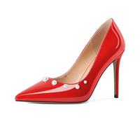 Elashe Scarpe Eleganti con Tacco Alto da Donna a Punta e a Punta Chiusa con Ornamenti di Perle Tacco a Spillo in Pelle Verniciata Slip On Rosso EU39