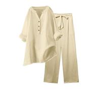 Elastico Completi Eleganti Da Donna Due Pezzi Con Camicetta Scollo A V Pantaloni A Gamba Larga Elasticizzati Tasche Laterali Set Casual Per Streetwear Tuta Regular Fit Donna Corto (Beige-1, XXL)