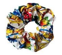 Elastico per Capelli Scrunchie, Stampa Siciliana Tradizionale, Motivo Floreale e Geometrico, Multicolore (Bianco_Maioliche)