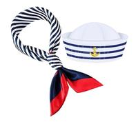 ELAYARD Costume Marinaio Donna con Cappello Capitano e Sciarpa Righe Blu e Bianco Accessori Nautici per Feste e Cosplay Yacht