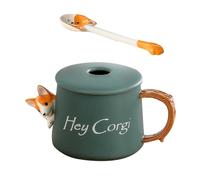 ELAYARD Tazza in Ceramica Corgi 420ml con Coperchio e Cucchiaio, Tazza da Caffè Pratica e Multiuso per Casa con Motivo Tridimensionale Cane, Regalo Originale per Famiglia e Amici