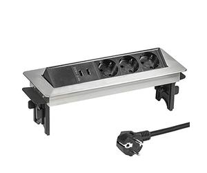 Elbe Inno Multipresa a scomparsa da incasso, con 3 prese Standard Tedesco. Presa multipla da incasso con 2 USB, in acciaio inox per tavolo, scrivania EL4703UM