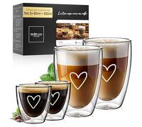ElbFuchs Set combinato bicchieri da latte macchiato a doppia parete (2x 80 ml + 2x 350 ml) bicchieri termici trasparenti a doppia parete | Tazzine da caffè e tazze da cappuccino