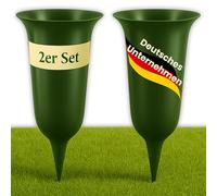 ELBKAISER - Set di 2 vasi per sepoltura verde con picchetto, robusto vaso per cimitero, vasi per sepoltura da inserire con base e inserto per fiori freschi, resistenti alle intemperie, ideale per il