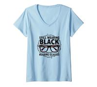 Elder Emo Ancora Indossa Nero Ora con Occhiali da Lettura Maglietta con Collo a V, Donna, Celeste, L