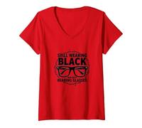 Elder Emo Ancora Indossa Nero Ora con Occhiali da Lettura Maglietta con Collo a V, Donna, Rosso, L