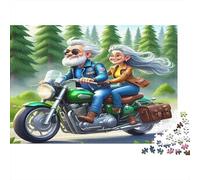 Elderly Couple Riding Motorcycle Challenging & Brainteasing Puzzle: Older Couple on Motorcycle Ride for Adults & Kids Age 12 Years Up 38x26cm/1000pcs