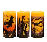 Eldnacele Candele a Colonna Senza Fiamma di Halloween con Timer, Candele a LED in Vera Cera a Batteria con Pipistrelli, Castello, Motivo Strega per Regalo Decorazione di Halloween Spettrale