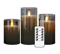 Eldnacele - Candele in vetro grigio senza fiamma tremolanti con telecomando, con stoppino mobile, a batteria, realistico e caldo, set da 3 (3 cm x H4 ''/15''/16''), festival, decorazione da tavolo