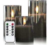 Eldnacele Candele LED in vetro grigio con telecomando, candele tremolanti senza fiamma con timer, confezione da 3 candele finte per la decorazione della casa (diametro 7,6 x altezza 10,2 cm, 12,7 cm,