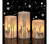 Eldnacele Candele natalizie senza fiamma con timer 6H, candele a pilastro a LED tremolanti in vera cera, funzionamento a batteria, con motivi di renna argentata, per decorazione domestica e