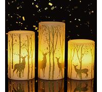 Eldnacele - Candele senza fiamma tremolanti con timer 6H, oro renna alce decalcomanie in vera cera candele luci LED fiamme per decorazioni natalizie alimentate da 3 batterie AAA