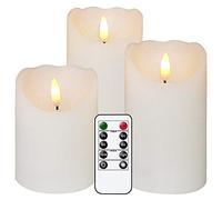 Eldnacele - Candele tremolanti senza fiamma con telecomando, 3D stoppino in vera cera a batteria, con timer, set di 3 candele bianche per casa, festa di matrimonio