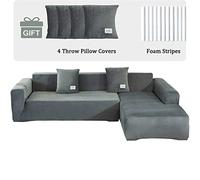 ele ELEOPTION, set da 2 copridivano in velluto elasticizzato - 3 posti - Per divano ad angolo a forma di L - Con 4 federe per cuscini - Grigio chiaro puro N33-102-5257