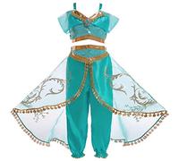 Eleasica Abiti Bambine e Ragazze Principessa Jasmine Costumi Aladdin Vestito Parrucca Fascia per Capelli Travestimento 3-8 Anni Natale Partito Regalo di Compleanno Halloween Festa,Verde,130