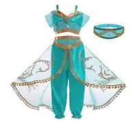 Eleasica Abiti Bambine e Ragazze Principessa Jasmine Costumi Aladdin Vestito Parrucca Fascia per Capelli Travestimento 3-8 Anni Natale Partito Regalo di Compleanno Halloween Festa,Verde+Fascia,110